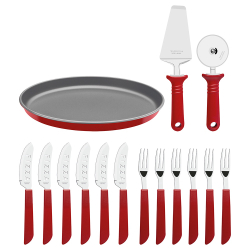 Kit Pizza Faqueiro Tramontina Lâminas Aço Inox e Cabos Polipropileno Vermelho 14 Peças + Forma Menor preço em Kit Pizza Faqueiro Tramontina Lâminas Aço Inox e Cabos Polipropileno Vermelho 14 Peças + Forma