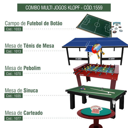 Kit Salão de Jogos Procópio: Carteado Tamacobol Pebolim + Tênis de