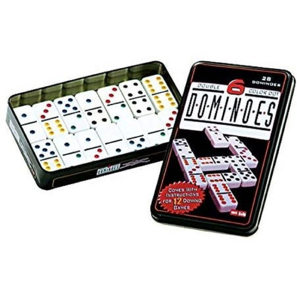 Dominó Dominoes com 28 Peças de 9mm e Estojo Lata + Baralho MB Teach com  108 Cartas