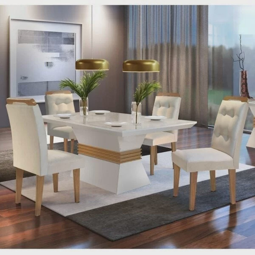 Conjunto de Mesa de Jantar Berlim II com Tampo de Vidro Off White e 4  Cadeiras Grécia Veludo Creme