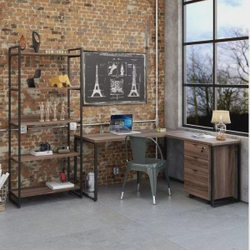 Menor preço em Conjunto Home Office Industrial 3 Peças 1 Escrivaninha em L 1 Estante e 1 Gaveteiro Kuadra Compace