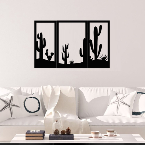 Quadro Decorativo Cactos Xícaras MDF Preto Fosco em Promoção na