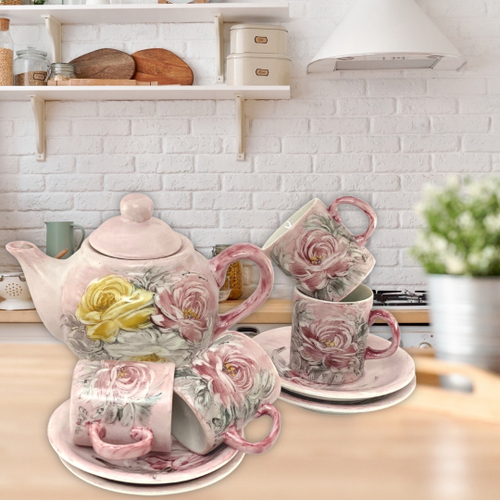 Jogo de 6 Xícaras de Café Cônica Coquinho 70 ml e Açucareiro de Porcelana  Pintado à Mão ROSAS BRANCA ROSA/ROSA CARAMELO