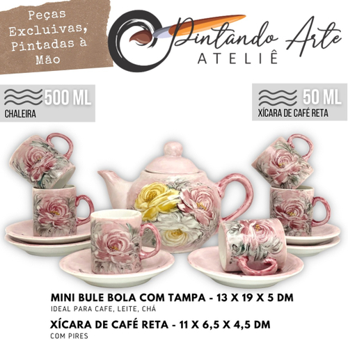 Jogo de 6 Xícaras de Café Reta 50 ml com Bule Chaleira Porcelana