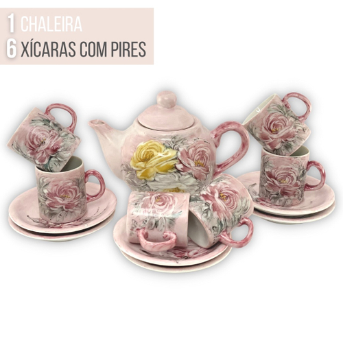 Jogo de Chá de Porcelana Rosa - 6 Xícaras + 1 Jarra Bule + 1 Bandeja - Café  da Manhã Cozinha