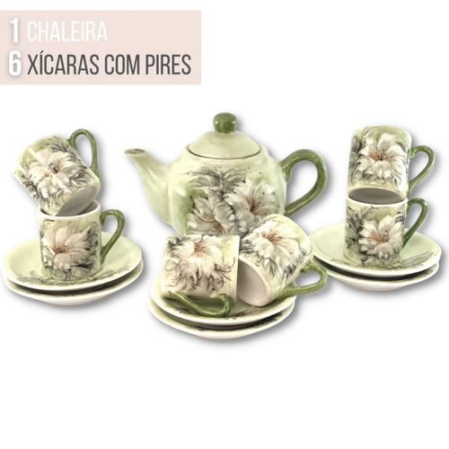 Jogo de 6 Xícaras de Café Reta 50 ml com Bule Chaleira Porcelana