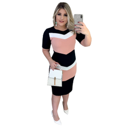 Vestido Tubinho Mídi Moda Evangélico Tricolor V Rosa Menor preço em Vestido Tubinho Mídi Moda Evangélico Tricolor V Rosa
