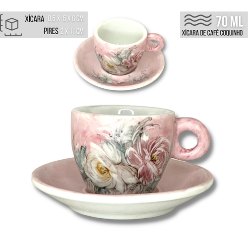 Jogo de 6 Xícaras de Café Cônica Coquinho 70 ml e Açucareiro de Porcelana  Pintado à Mão ROSAS BRANCA ROSA/CARAMELO - PINTANDO ARTE ATELIÊ