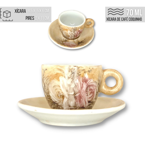 Jogo de 6 Xícaras de Café Cônica Coquinho 70 ml e Açucareiro de Porcelana  Pintado à Mão rosas branca rosa/caramelo no Shoptime