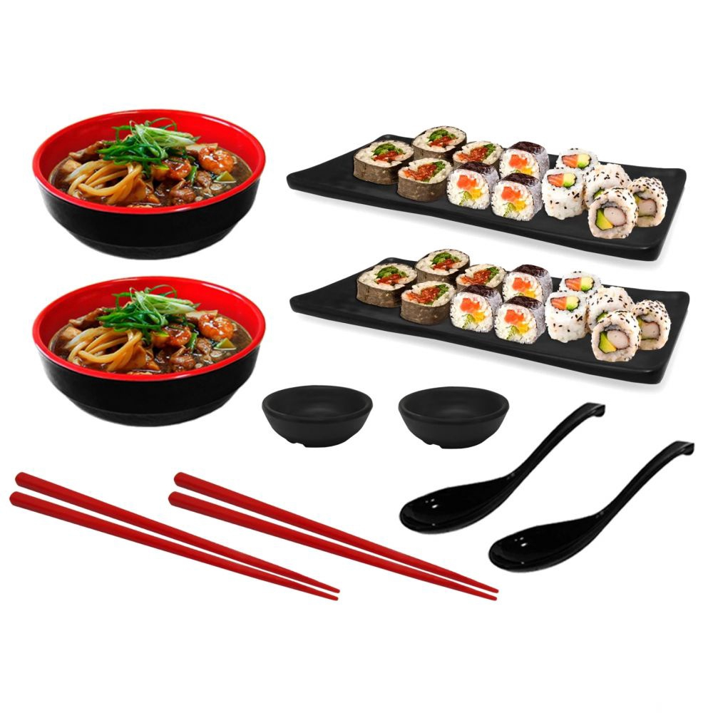 Mandiali e-Shop : Kit Comida Japonesa com Pratos, Tigelas, Hashi, Colheres  e Molheiras