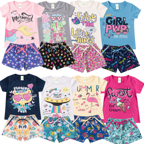 Conjunto Infantil Menina Verão kit com 1 blusa/regata + 1 bermuda tamanhos  P ao 14