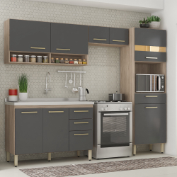 Cozinha Compacta Bahia com Balcão para Pia + Armário Aéreo Avena/ Grafito - Bela Móveis Menor preço em Cozinha Compacta Bahia com Balcão para Pia + Armário Aéreo Avena/ Grafito - Bela Móveis