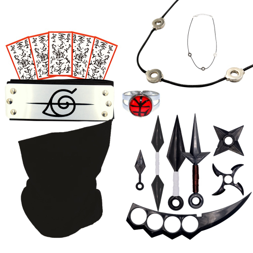 Kit Bandana Flexivel e Kunais Naruto + Anel Regulavel Itachi +