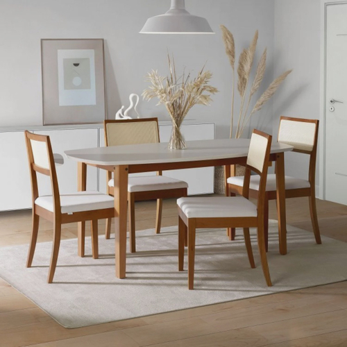 Conjunto Mesa de Jantar Retangular Marisa 135 cm com 4 Cadeiras Madeira  Maciça Tauari Viena - Branco/Amêndoa