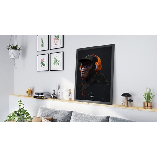 Quadro Decorativo Macaco Chimpanzé de Fone Sala Barato-M113