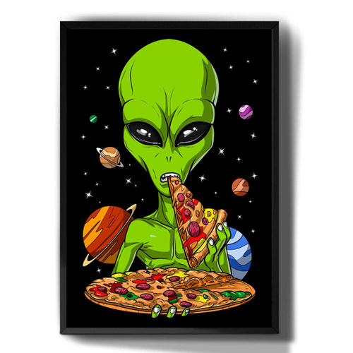 Quadro decorativo emoldurado Alien Pizza Extraterrestre Desenho