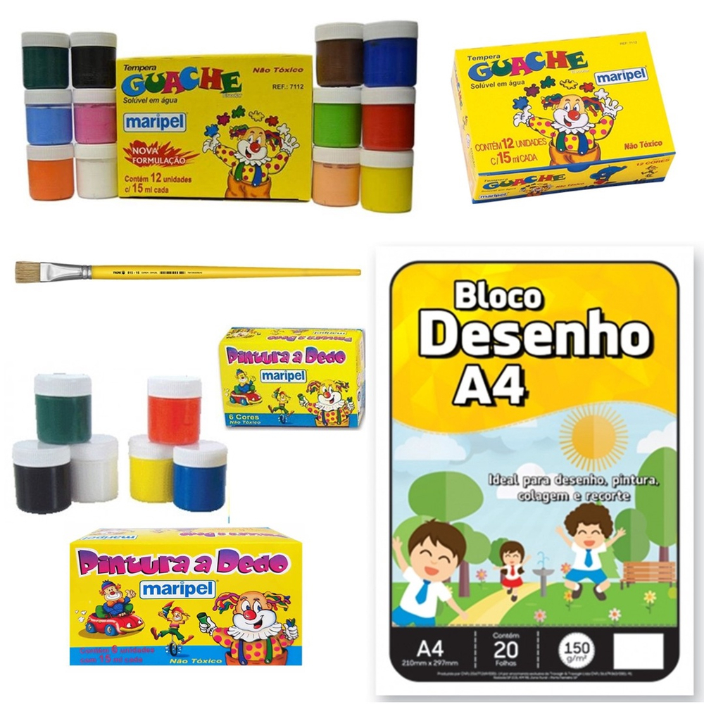 Kit de Pintura Infantil Escolar Recreativo Artes com 20 Peças contém Bloco  de Desenho, Pincel, Tinta Guache, Tinta Pintura a Dedo Maripel em Promoção  na Americanas