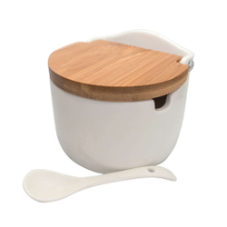 Saleiro de Mesa de Porcelana C/Tampa de Madeira e Colher Bianco Lyor Menor preço em Saleiro de Mesa de Porcelana C/Tampa de Madeira e Colher Bianco Lyor
