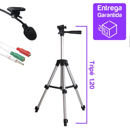 Kit Streamer Tripé 1,10m + Microfone de Lapela Condensador