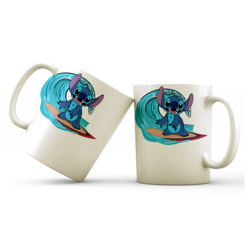 Caneca De Porcelana Stitch Surfando Desenho Fofo