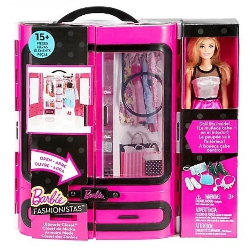  Barbie Fashionistas Ultimate Closet Portable Fashion Toy with  Doll, Clothing, Accessories and Hangers, Gift for 3 to 8 Year Olds :  Barbie: Toys & Games