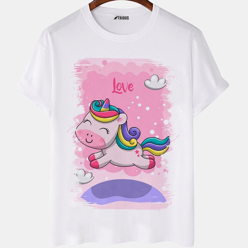 Camiseta masculina Infantil Unicornio Fofo Love Rosa Camisa Blusa