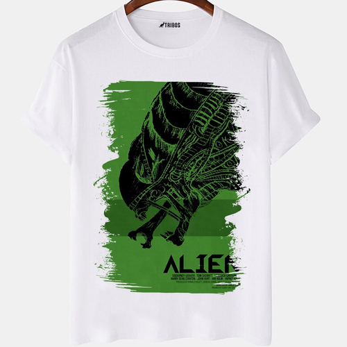 Camiseta masculina Alien Desenho Filme Arte Capa Camisa Blusa Branca  Estampada