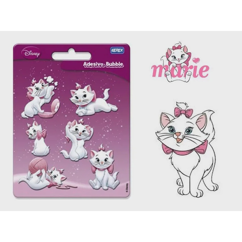 Cartela com 6 Adesivos Bubble Fofos e com Glitter Marie a Gatinha da Disney