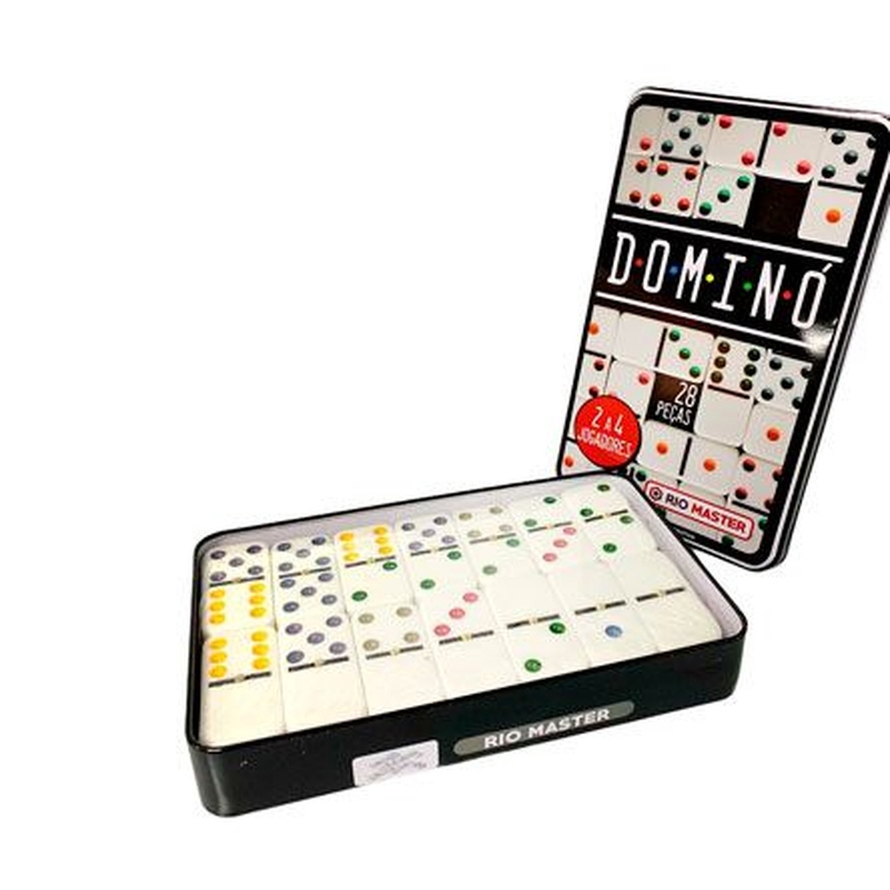 Dominó Dominoes com 28 Peças de 9mm e Estojo Lata + Baralho MB Teach com  108 Cartas