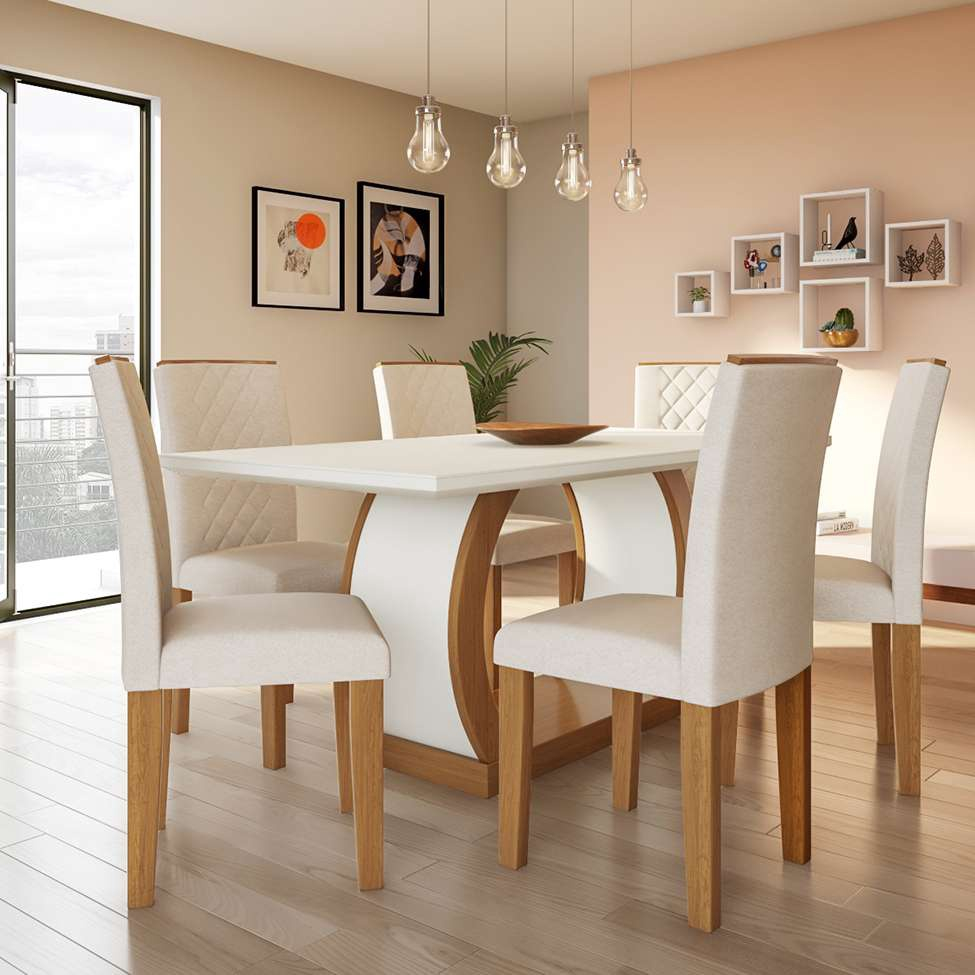 Conjunto de Mesa de Jantar com 6 Cadeiras Estofadas Maia I Veludo Off White  e Creme