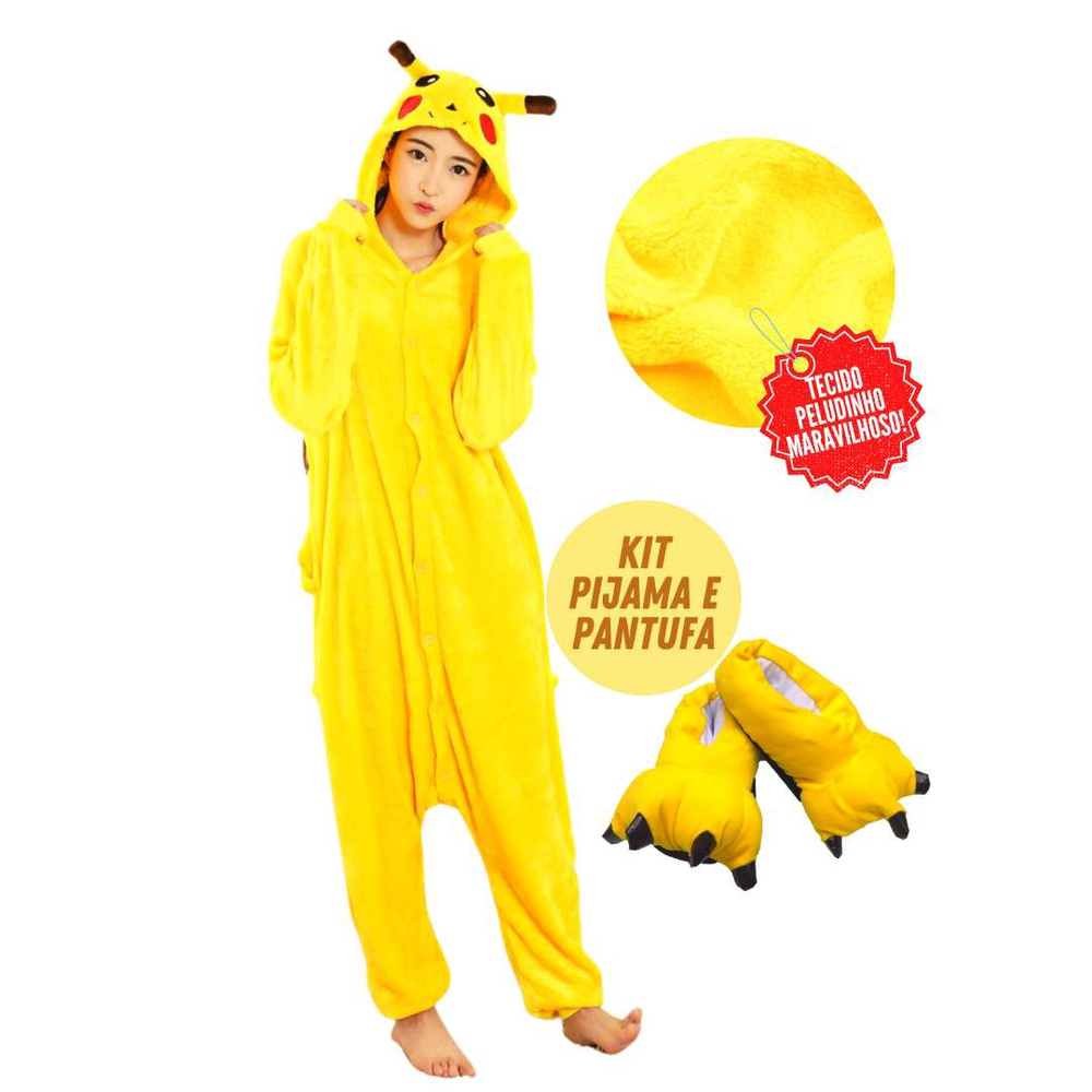 Kit Pijama com Pantufa Kigurumi Fantasia Cosplay Pelúcia Confortável  Macacão com Capuz Pikachu Amarelo