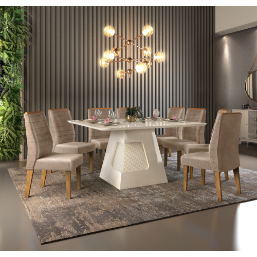 Conjunto Mesa de Jantar 8 Lugares Quadrada com 8 Cadeiras em Madeira  Belissima Bege 150x150cm - ecadeiraslegacy