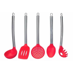 Kit 5 Colheres Utensílios Silicone Vermelho Cabo Inox Menor preço em Kit 5 Colheres Utensílios Silicone Vermelho Cabo Inox