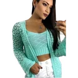 Conjunto Cropped Cardigan Kimono Trico Feminino Manga Long Menor preço em Conjunto Cropped Cardigan Kimono Trico Feminino Manga Long