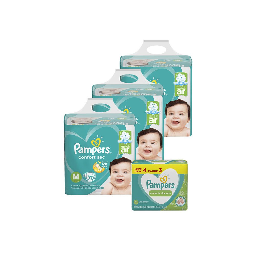 Kit Pampers M Confort Sec Super 210 Unidades Lenço Umedecido Pampers Aloevera 192 Unidades No