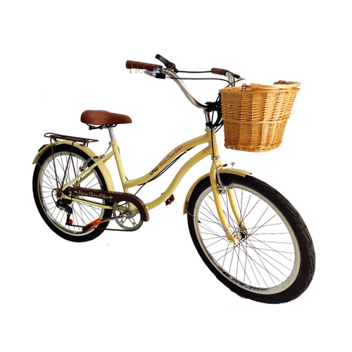 Bicicleta Aro 24 Retr Vintage feminina com cesta vime Bege em