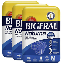 Kit 3 pacotes de Fraldas Adultas Bigfral Noturna M (8 unidades cada pacote, 24 unidades total) Menor preço em Kit 3 pacotes de Fraldas Adultas Bigfral Noturna M (8 unidades cada pacote, 24 unidades total)