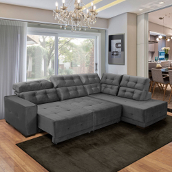 Sofá Canto Retrátil Grande 6 Lugares Chaise D Reclinável Mola D26 2,85x2,05 Veludo Cinza - SóSofá Menor preço em Sofá Canto Retrátil Grande 6 Lugares Chaise D Reclinável Mola D26 2,85x2,05 Veludo Cinza - SóSofá
