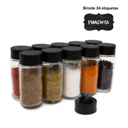 Kit 10 Potes de Tempero de Vidro com Tampa Dosadora + Etiqueta Menor preço em Kit 10 Potes de Tempero de Vidro com Tampa Dosadora + Etiqueta