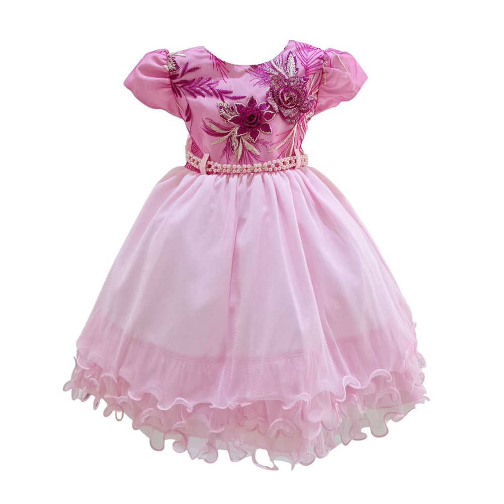 Vestido de Renda Bebê Princesa Babados Lacinhos no Ombro