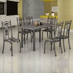 Conjunto de Mesa Uruguai 1,40m Tampo Granito com 6 Cadeiras 620/15 Madmelos Craquelado Dark / Folha Menor preço em Conjunto de Mesa Uruguai 1,40m Tampo Granito com 6 Cadeiras 620/15 Madmelos Craquelado Dark / Folha