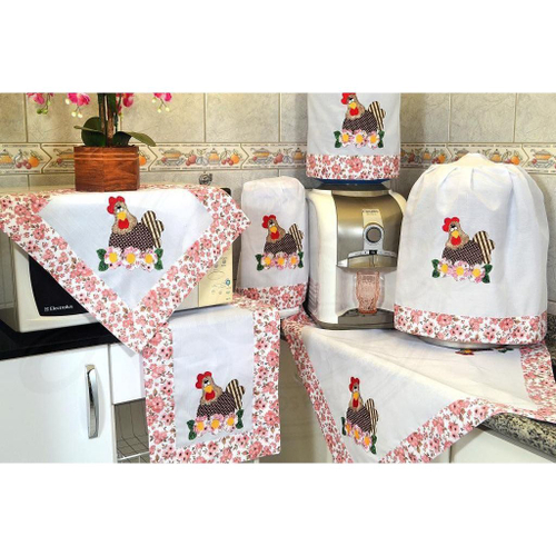 Jogo de Cozinha Bordado Patchwork - Coruja com Barrado Florido no Shoptime