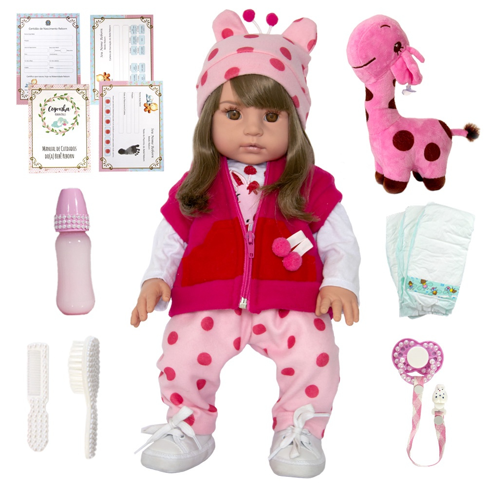 Boneca Bebê Reborn Girafinha Menina Silicone 48cm Olhos Cast na