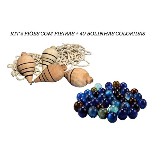 Kit Pião 3 Peão De Madeira E Musical Com 2 Bolinhas De Gude