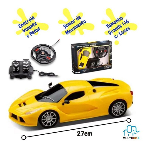 Carro Carrinho Controle Remoto Grande Amarelo Volante Pedal Luz