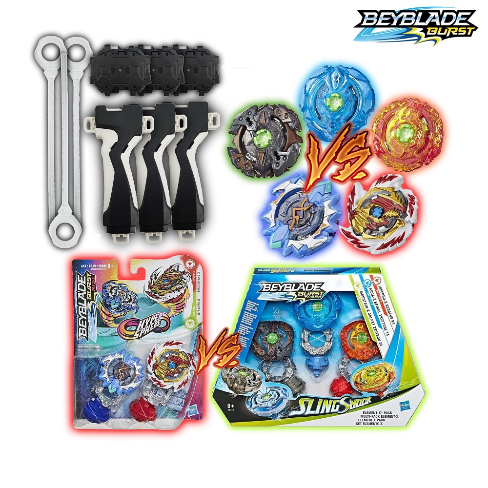 Kit 3 Beyblade Burst Elemento X + 2 Lançador C/ Suporte Grip