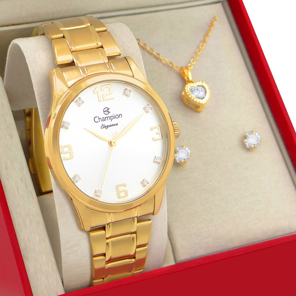 Relógio Champion Dourado Magnum Feminino Conformável Leve Colar e Brincos  Folheados Luxo CN25690D