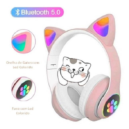 Fone De Ouvido Sem Fio Bluetooth Orelha Gatinho Led Colorido Cor Violeta