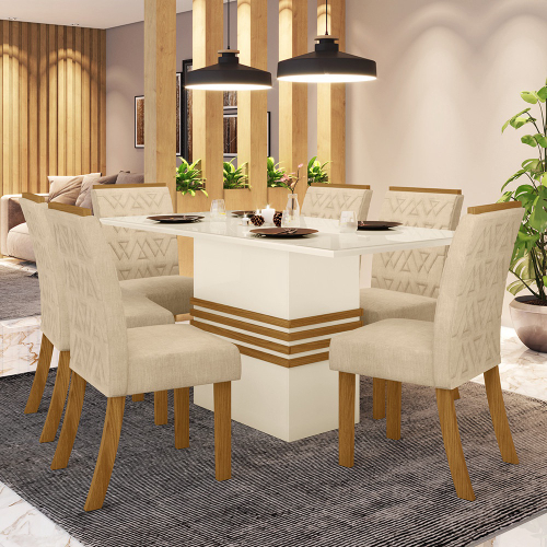 Conjunto Mesa de Jantar Tampo Vidro e MDF 1,60m e 6 Cadeiras Tiê