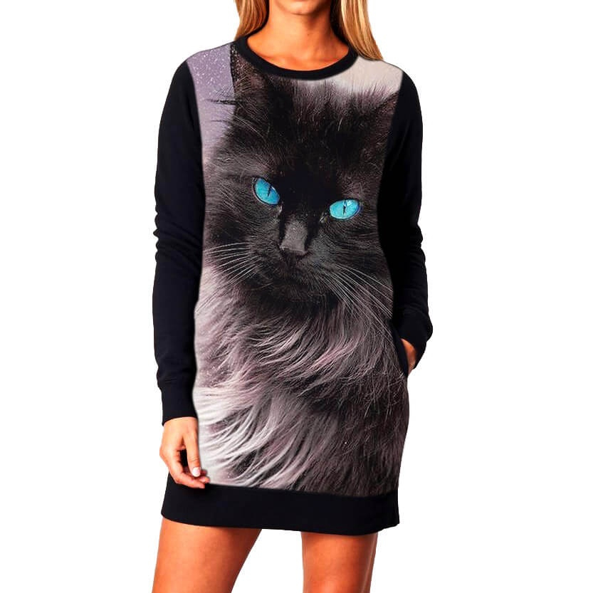 Gato ninja olhos azuis vestido preto